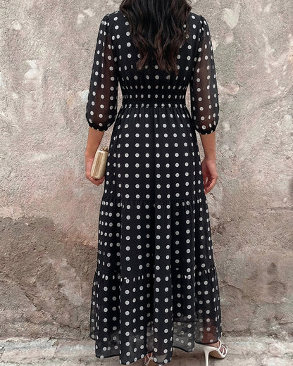 Women's Polka Dot Maxi Dress V Neck Lantern Sleeve Ruffle Hem Dress High Waist Button Up Chiffon Long Party Dress