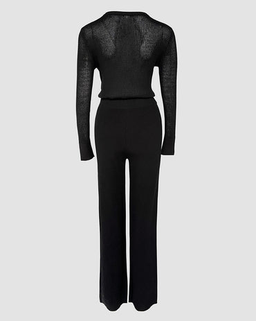 Round Neck Long Sleeve Vertical Pit Texture Top and Casual Wide Leg Pants Set