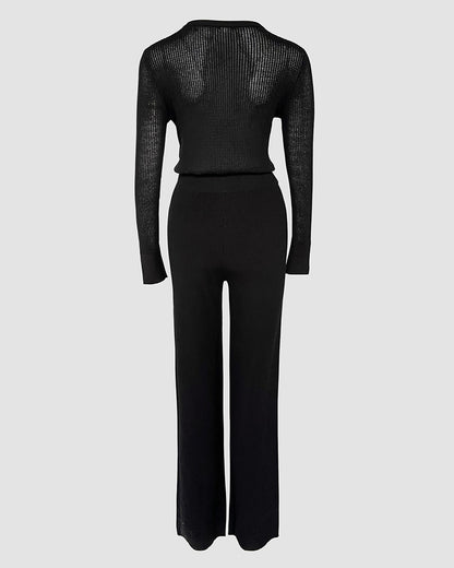 Round Neck Long Sleeve Vertical Pit Texture Top and Casual Wide Leg Pants Set