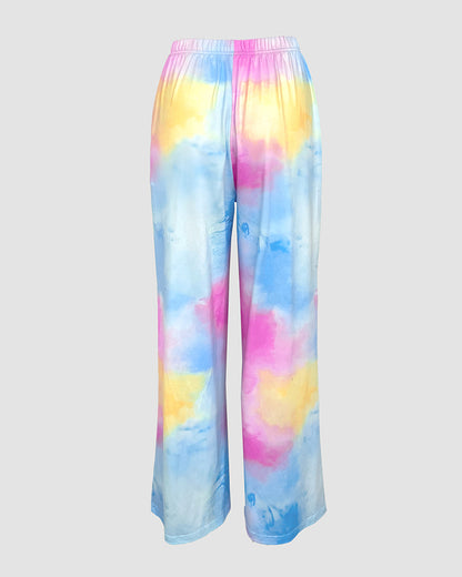 2 Pieces Outfit Tie Dye Print Short Sleeve Top and Elastic Waist Loose Fit Pants Set Casual Pajamas Set