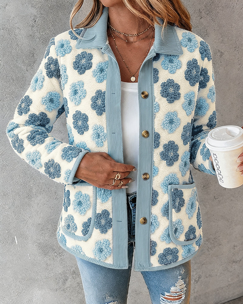 CHICMELIVE Women's Soft Floral Sherpa Jacket Corduroy Button Down Coat