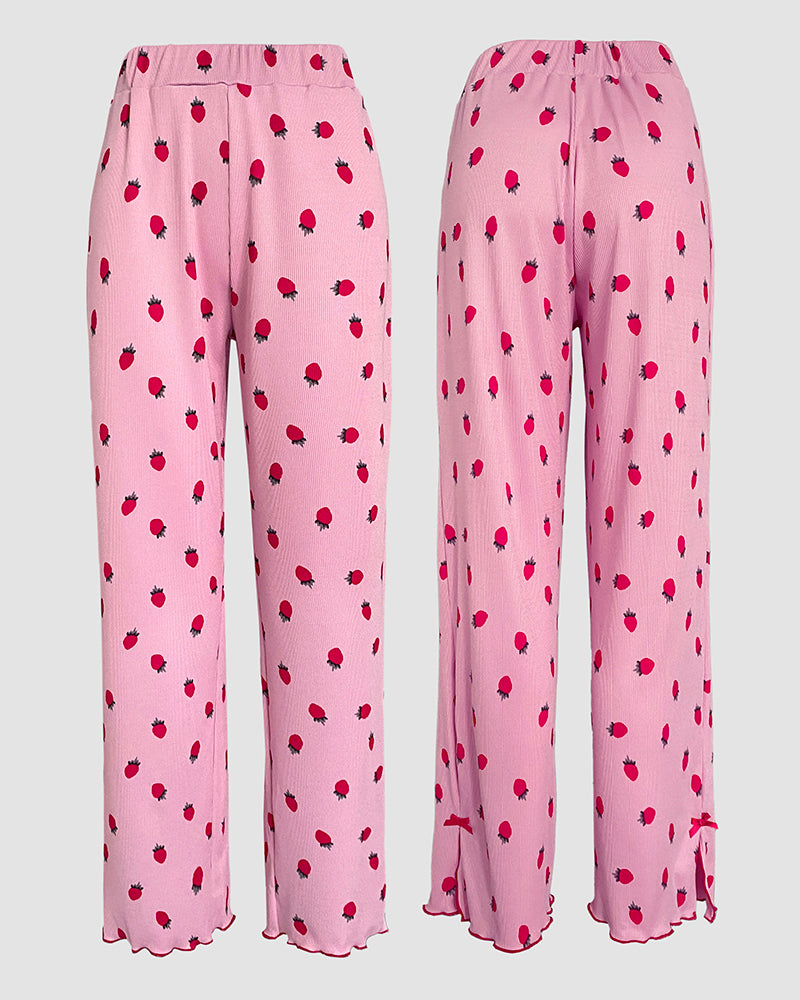 2 Pieces Outfit Strawberry Print Stand Collar Short Sleeve T-shirt and Pants Pajamas Set