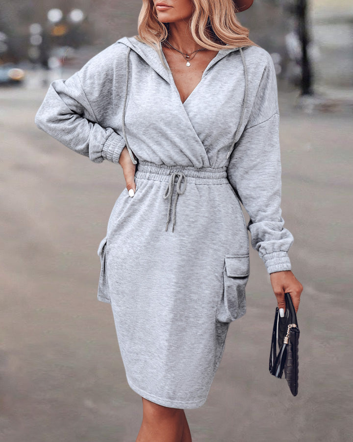 Overlap V-Neck Drop Shoulder Cinched Waist Drawstring Hoodie Dress Casual Flap Cargo Pockets Design Drawstring Elastic Waist Midi Dress