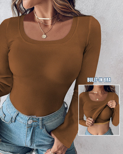 ChicMe Built-in Bra U-Neck Long Sleeve Ribbed Top