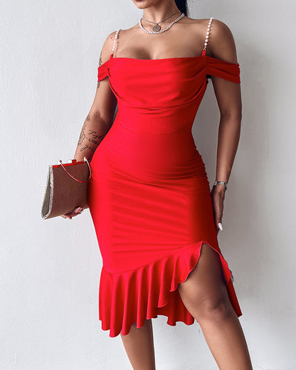 Cold Shoulder Pearls Straps Bodycon Dress Cowl Neck Asymmetrical Ruffle Hem Party Dress
