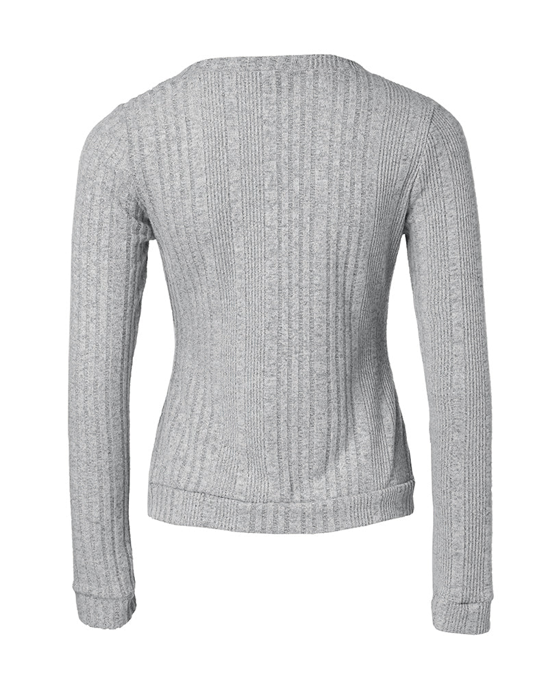 Crewneck Long Sleeve Ribbed Top Half Zipper Design Casual Pullover Tops