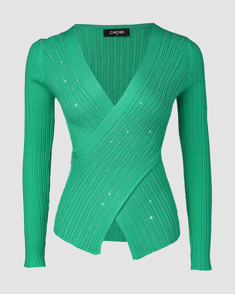Rhinestone Decor Overlap V-Neck Long Sleeve Knit Sweater Asymmetrical Hem Slim Fit Textured Pullover Top