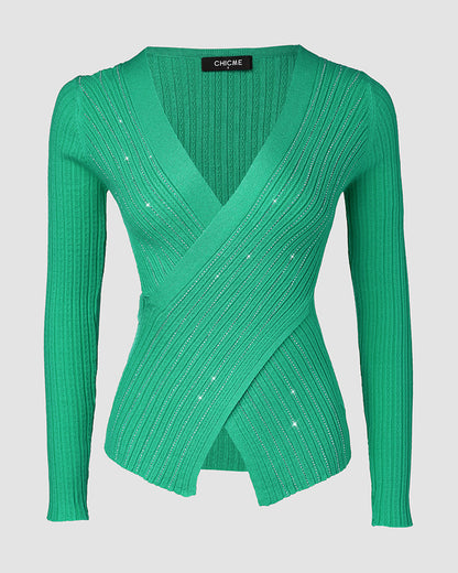 Rhinestone Decor Overlap V-Neck Long Sleeve Knit Sweater Asymmetrical Hem Slim Fit Textured Pullover Top