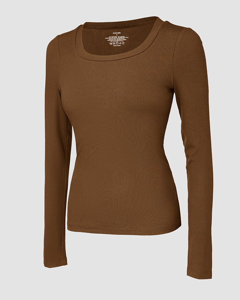 ChicMe Built-in Bra U-Neck Long Sleeve Ribbed Top