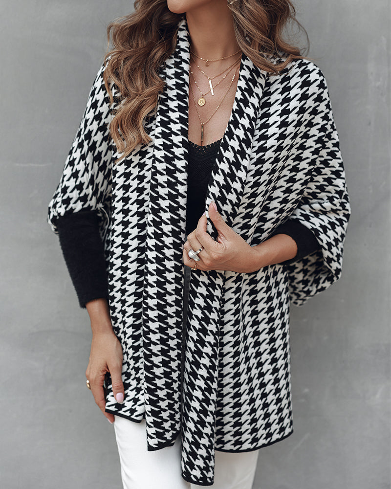 Houndstooth Print Versatile Loose Fit Sweater Coat Casual Warm Cape Shawl