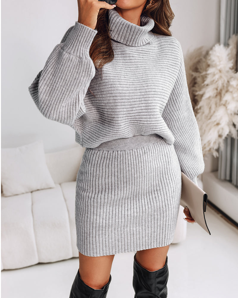 2 Pieces Outfit High Neck Batwing Sleeve Loose Top and Elastic Waist Slim Fit Skirt Set Casual Ribbed Set