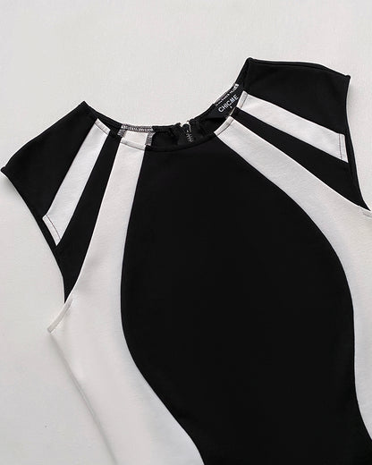 Colorblock Round Neck Sleeveless Zipper Back Midi Dress Slit Back Bodycon Dress