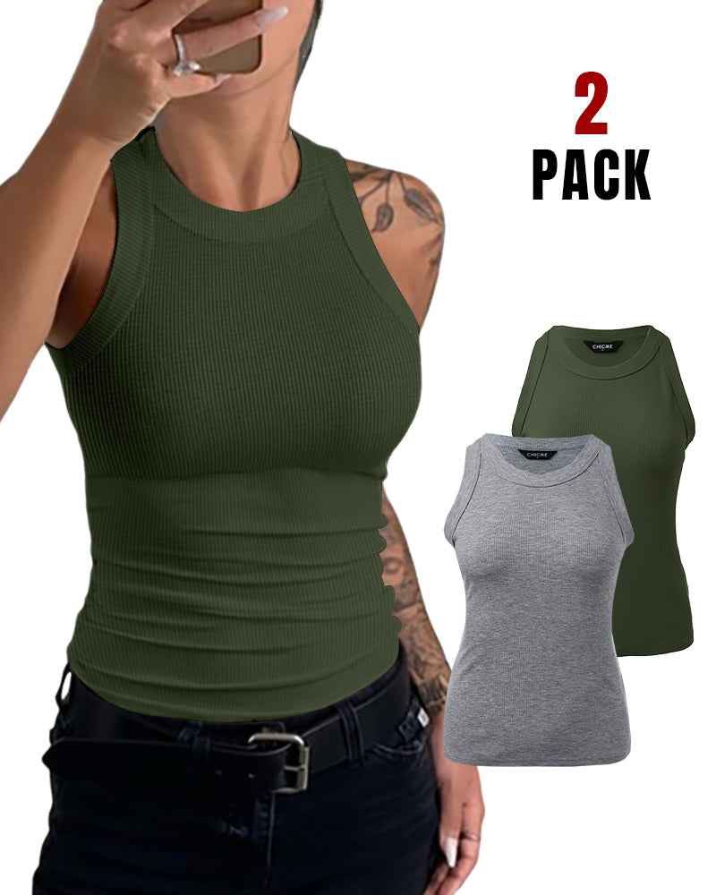 2-Pack Round Neck Thick Strap Racerback Ribbed Tank Slim Fit Tops without Bra Pads