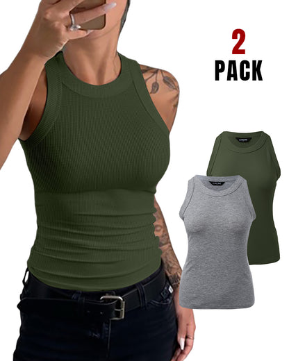 2-Pack Round Neck Thick Strap Racerback Ribbed Tank Slim Fit Tops without Bra Pads