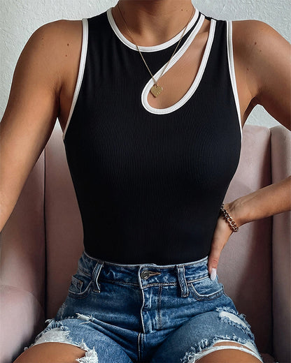 Women's Contrast Binding Tank Top Asymmetric Hollow Out Rib Knit Top Sleeveless Slim Fit Racerback Vest