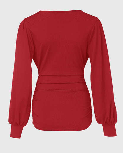 Deep V-Neck Lantern Sleeve Ruched Blouse Casual Slim Fit Top