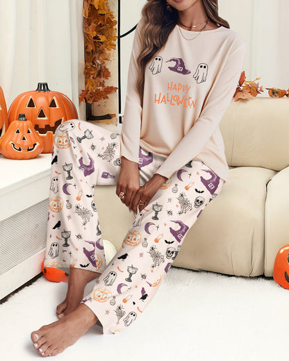 CHICMELIVE 2 Pieces Outfit HAPPY HALLOWEEN Slogan & Graphic Print Long Sleeve Top and Graphic Print Elastic Waist Pants Set Casual Pajamas Set