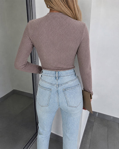 Women's Overlap V Neck Long Sleeve Ribbed Knit Top Rhinestone Side Button Ruched Slim Fit Asymmetric Hem Sweater