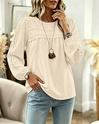 Women's Hollow-Out Lace Spliced Lantern Sleeve Top Elegant 3D Jacquard Chiffon Blouse for Work and Daily Wear