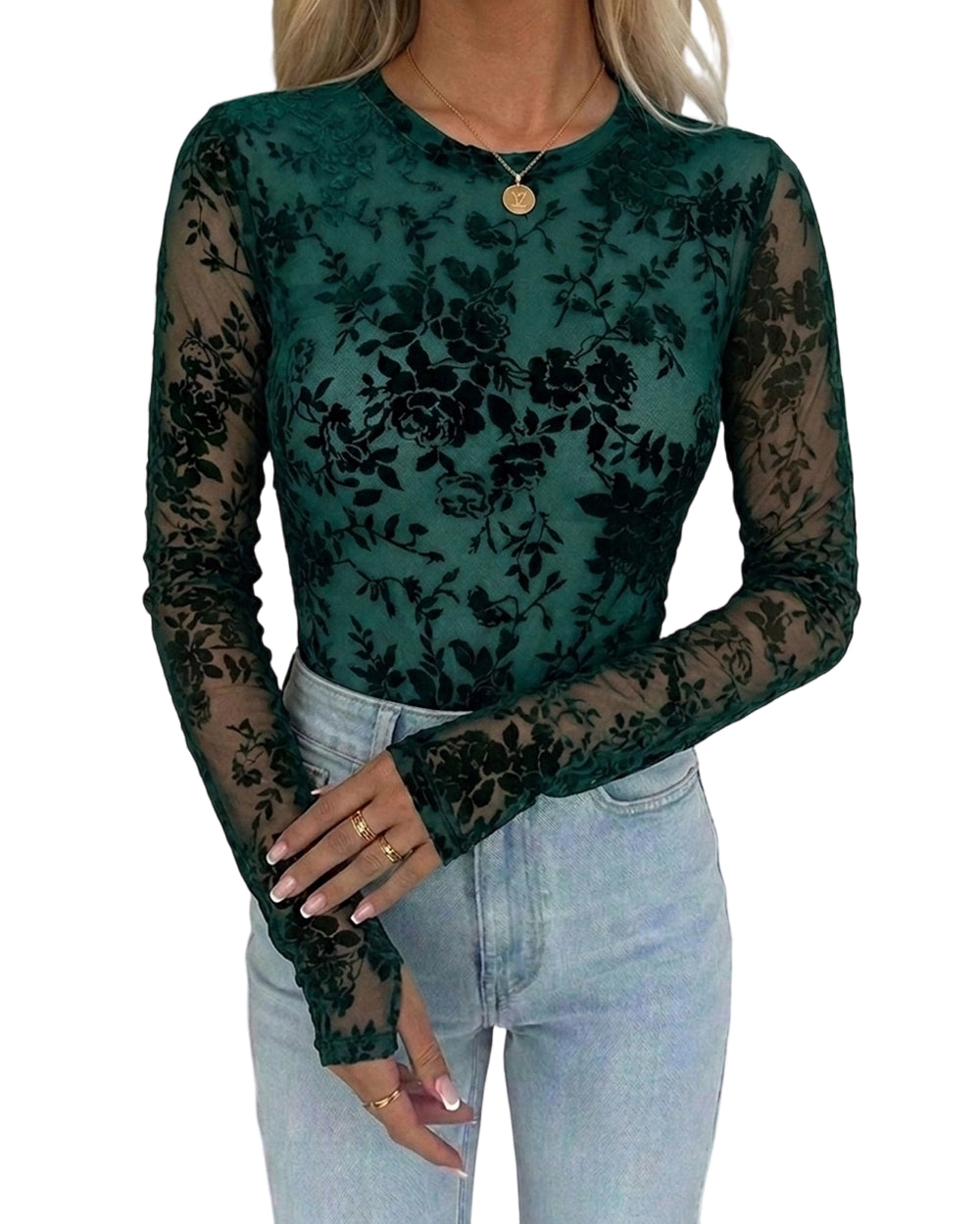 CHICME Women's Flocked Floral Sheer Mesh Long Sleeve Top with Lined