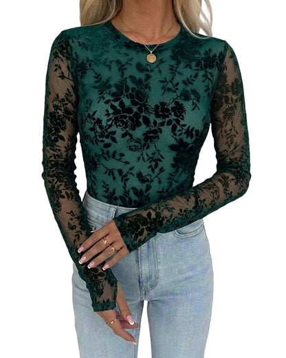 CHICME Women's Flocked Floral Sheer Mesh Long Sleeve Top with Lined