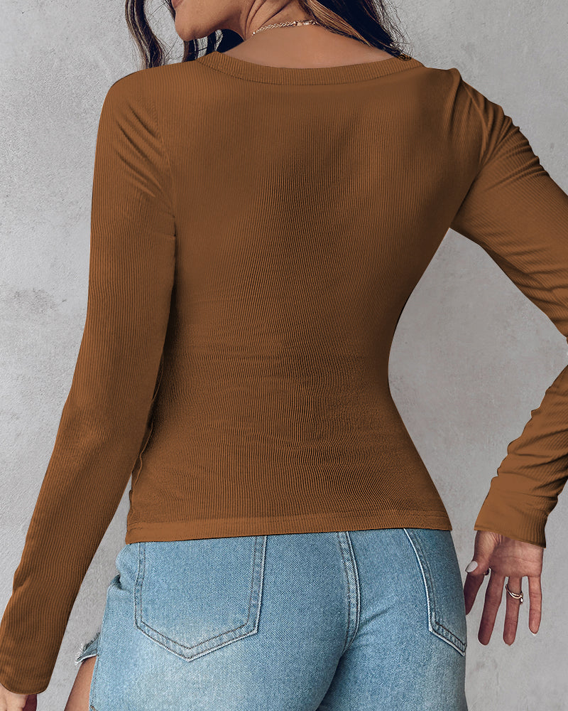 ChicMe Built-in Bra U-Neck Long Sleeve Ribbed Top