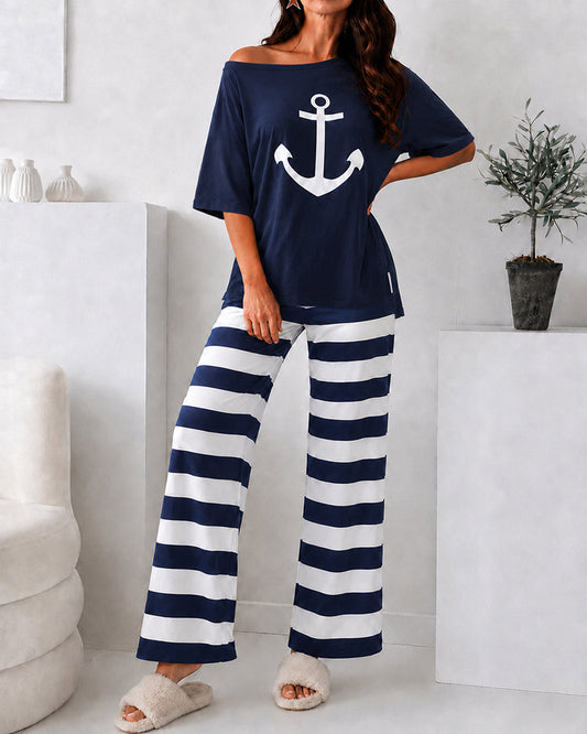 Women's Loungewear Set Anchor Print Side Slit Top and Striped Straight Leg Pants Set Casual Pajamas Set with Pockets