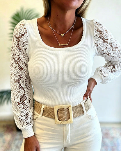 Women's Ribbed Knit Top Square Neck Lace Long Sleeve Shirt Slim Fit Elegant Pullover Top