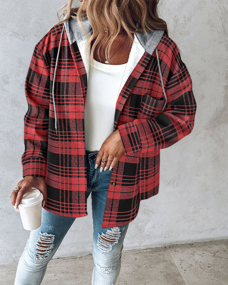 CHICMELIVE Womens Casual Jacket Plaid Hooded Fleece Lined Shacket