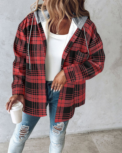 CHICMELIVE Womens Casual Jacket Plaid Hooded Fleece Lined Shacket