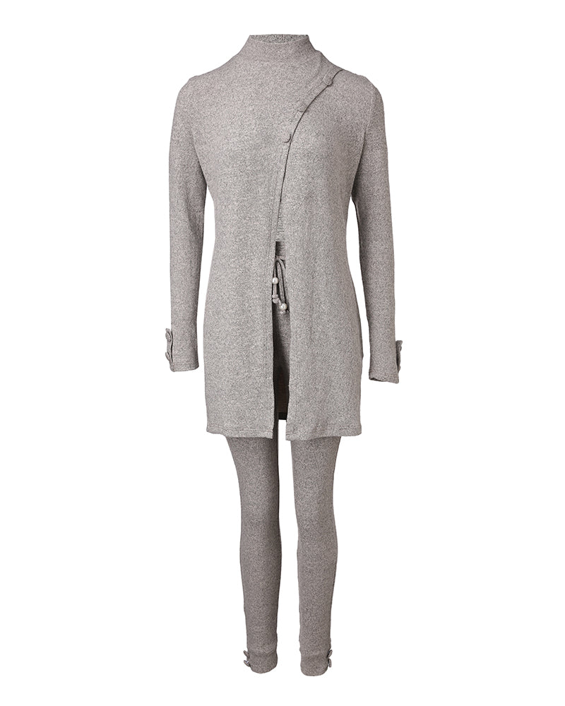 2 Pieces Outfit Mock Neck Long Sleeve Button Decor Slit Mid-Length Top and Stretchy Drawstring High Waist Slim Fit Pants Set