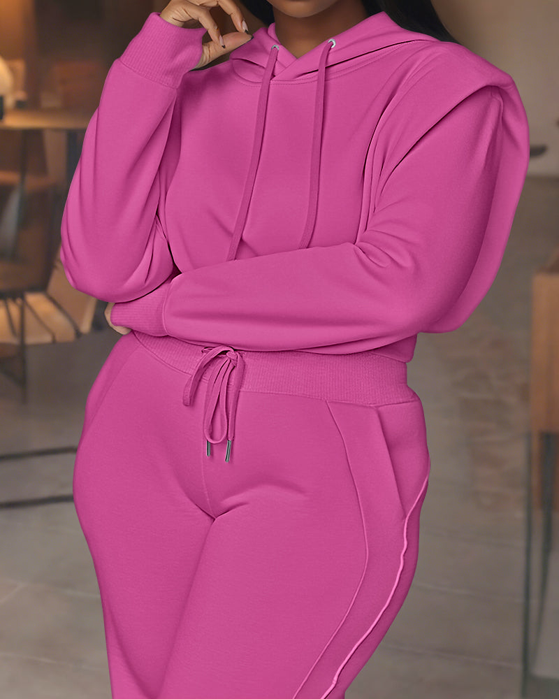 2-teiliges Outfit, langärmliges, kurzes Kapuzenpullover-Sweatshirt mit Kordelzug, Bündchen mit Daumenlöchern und lässigem Jogginghosen-Set mit Kordelzug und elastischer Taille mit weitem Bein 