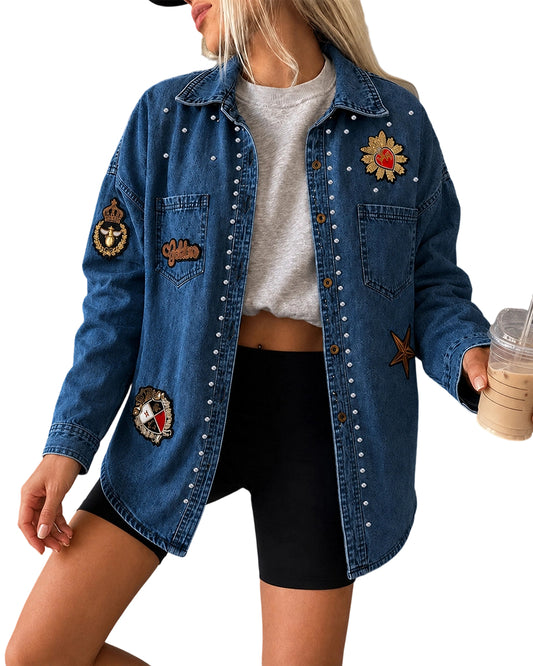 CHICMELIVE Womens Oversized Rhinestone Denim Shacket Badge Embroidered Jacket