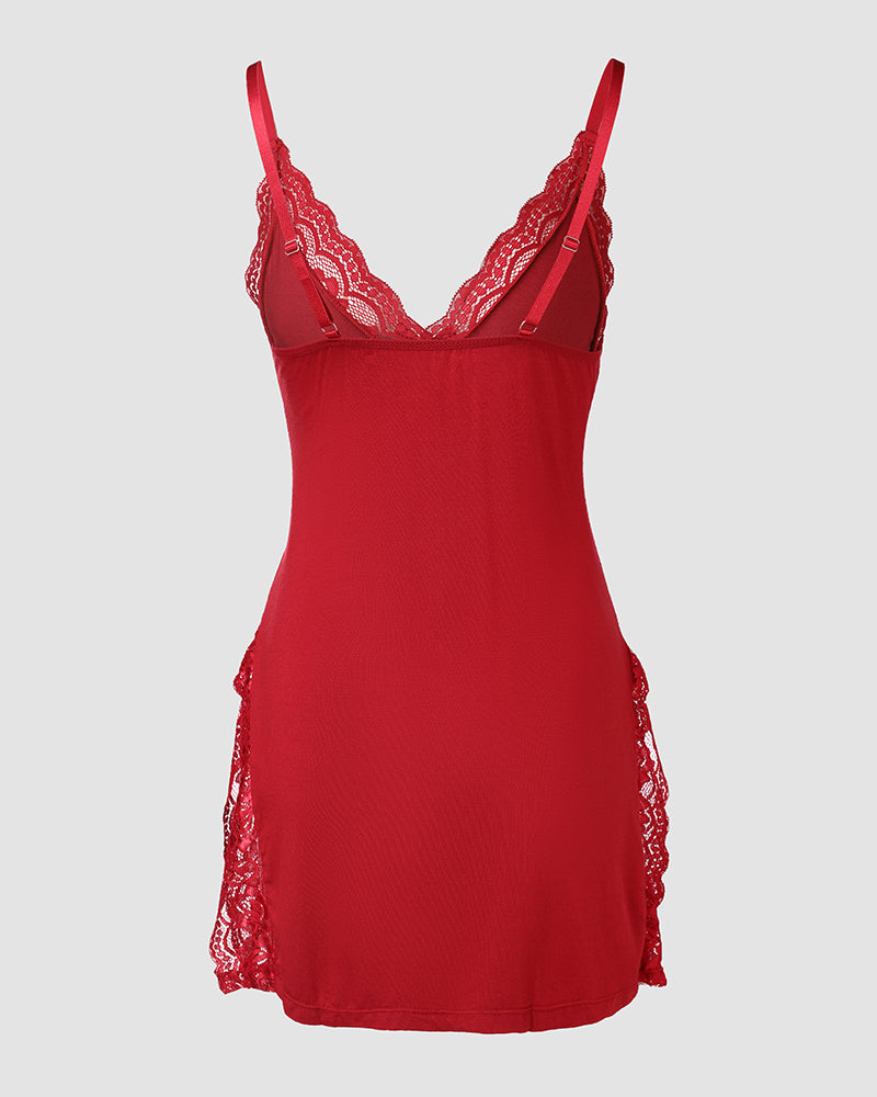 Lace Trim Adjustable straps Side Slit Bowknot Decor Modal Cami Sleep Dress