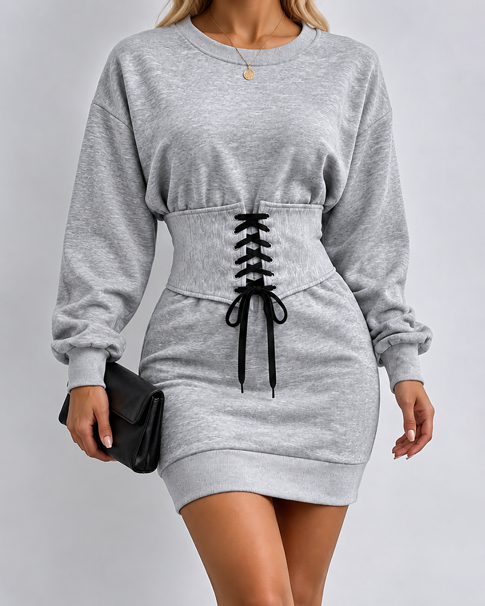 CHICMELIVE Women's Crew Neck Lace-Up Corset Waist Sweatshirt Mini Dress