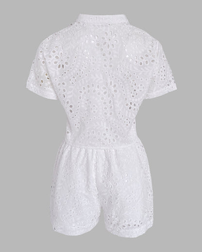 Women's Eyelet Embroidery Two Piece Outfits Stand Collar Button Up Crop Top and High Waist Shorts Set