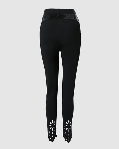 Floral Hollow Out Asymmetrical Hem Elastic Waist Skinny Pants