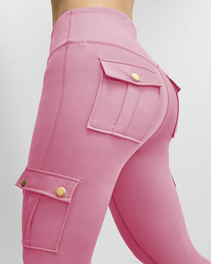 Butt Lifting Leggings with Flap Pockets High Waist Tummy Control Workout Cargo Pants