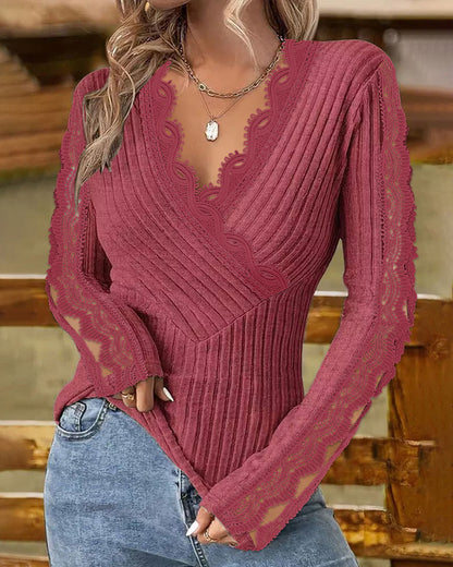 Overlap V-Neck Lace Trim Hollow-out Long Sleeve Tee Slim Fit Ribbed Layering Top