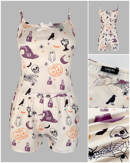 CHICMELIVE 2 Pieces Outfit Bowknot Decor Graphic Print U-Neck Adjustable Spaghetti Straps Cami Top and Elastic Waist Shorts Set Casual Pajamas Set