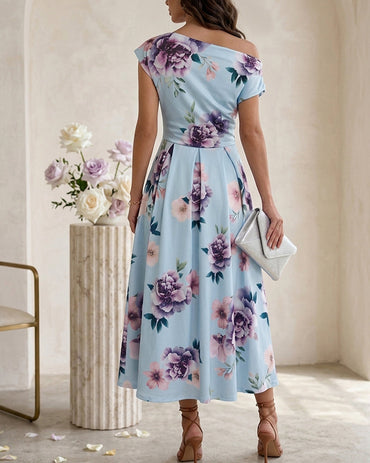 Women's Skew Neck Midi Dress Elegant Ruched Floral A-Line Dress High Waisted Vacation Dress with Pockets