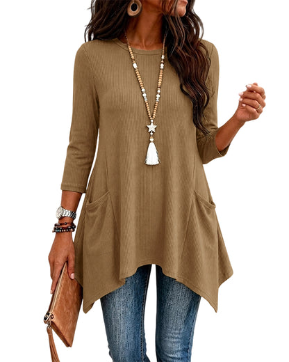 CHICMELIVE Womens 3/4 Sleeve Ribbed Tunic Asymmetrical Hem Loose Top