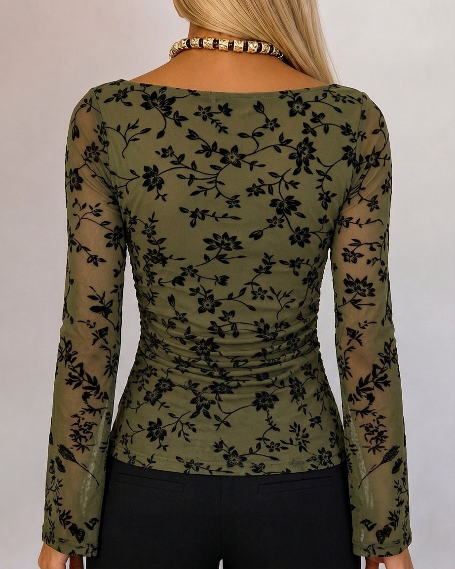 Couture Women's Bell Sleeve Floral Mesh Top