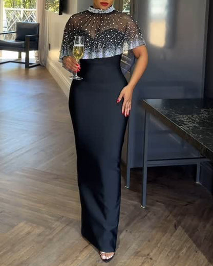 2 Pieces Outfit Detachable & Adjustable Spaghetti Straps Zipper Back Slit Slim Fit Maxi Dress and Rhinestone & Pearls Decor High Neck Zipper Back Sheer Mesh Poncho Cape