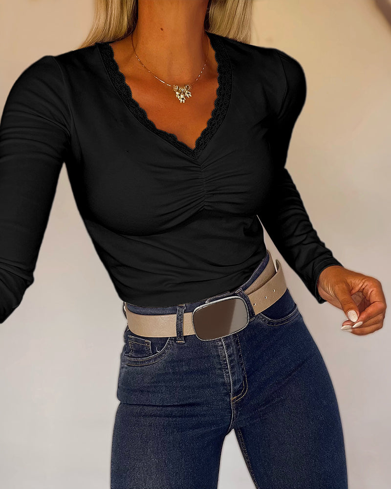 CHICMELIVE Women Lace Long Sleeve Top V Neck Fitted Shirts Fall Blouses