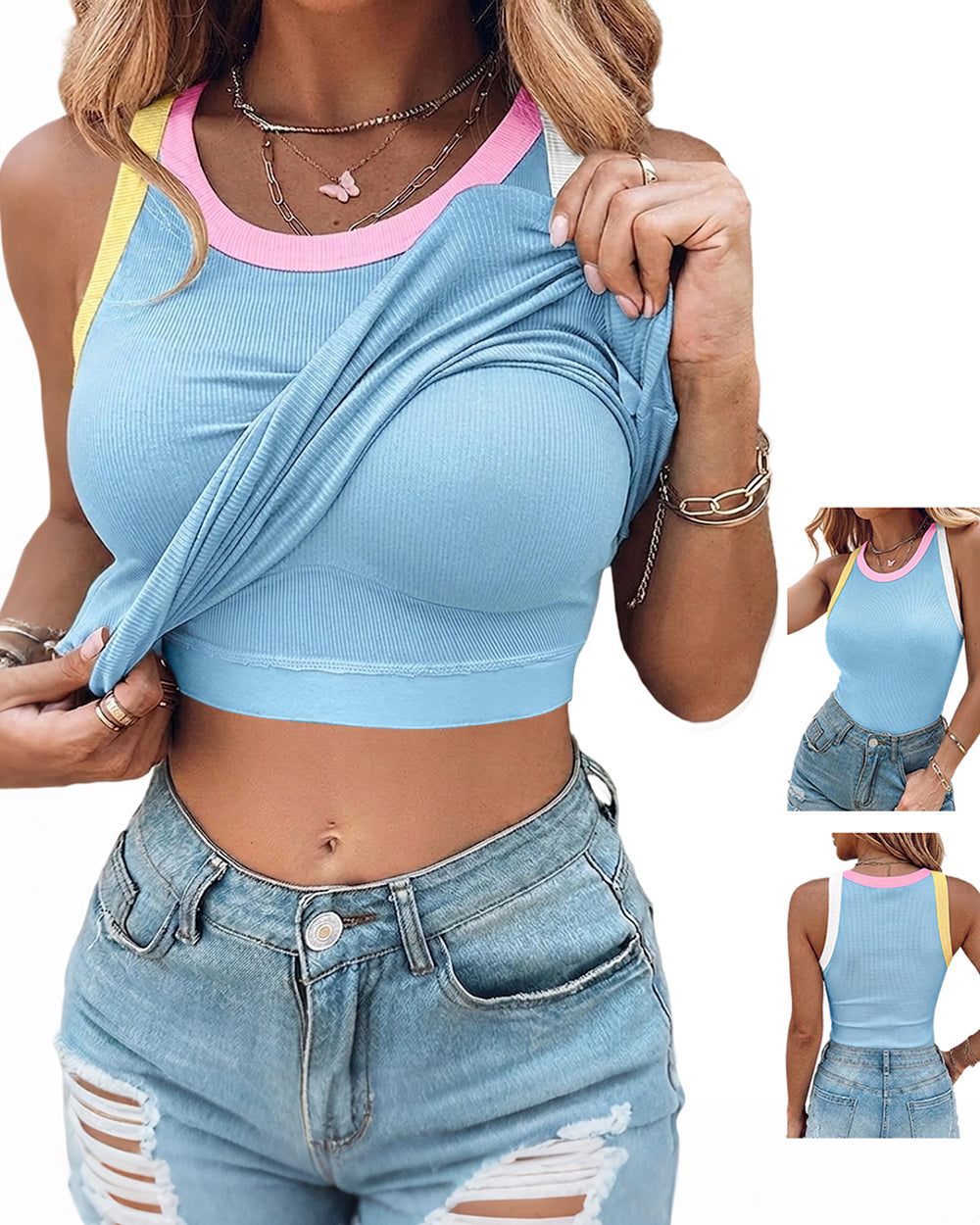 CHICMELIVE Womens Sleeveless Ribbed Built in Bra Tank Top-Lighted Blue-X-Large