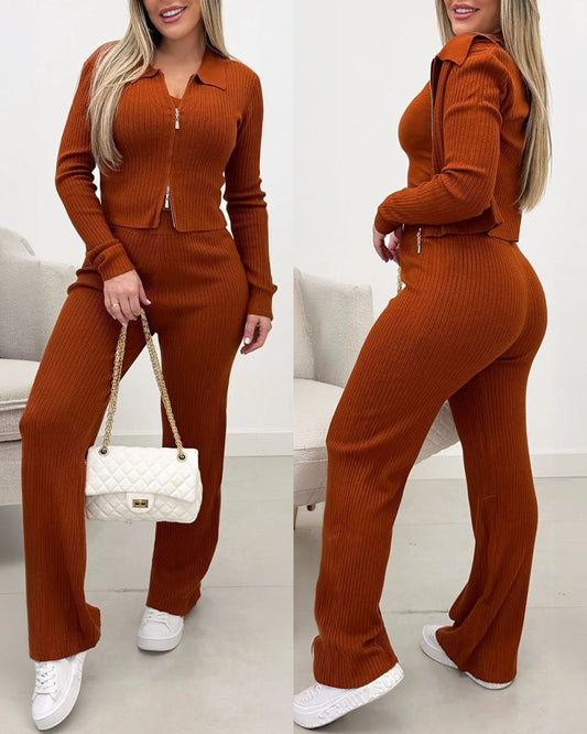 Women's Three Piece Knit Outfit Collared Two Way Zipper Coat and V Neck Tank Top and Bootcut Pants Ribbed Set