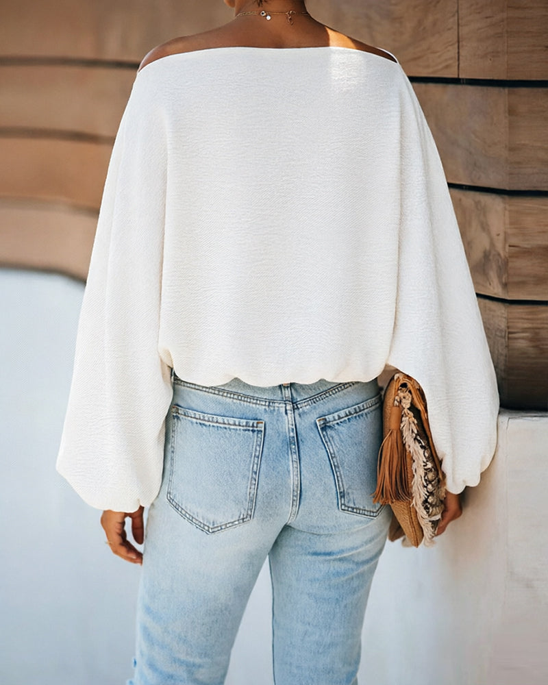 Women's French Style Off Shoulder Blouse Elegant Lantern Sleeve Top Versatile Skew Neck Textured Shirt