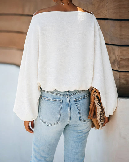 Women's French Style Off Shoulder Blouse Elegant Lantern Sleeve Top Versatile Skew Neck Textured Shirt
