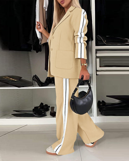 2 Pieces Outfit Notched Collar Single Breasted Pockets Design Coat and Elastic Waist Seam Front Wide Leg Pants Set Casual Contrast Side Striped Blazer Set